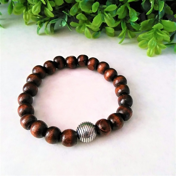 New Mens Wood Beaded Bracelet with Silver Accent - Picture 4 of 6